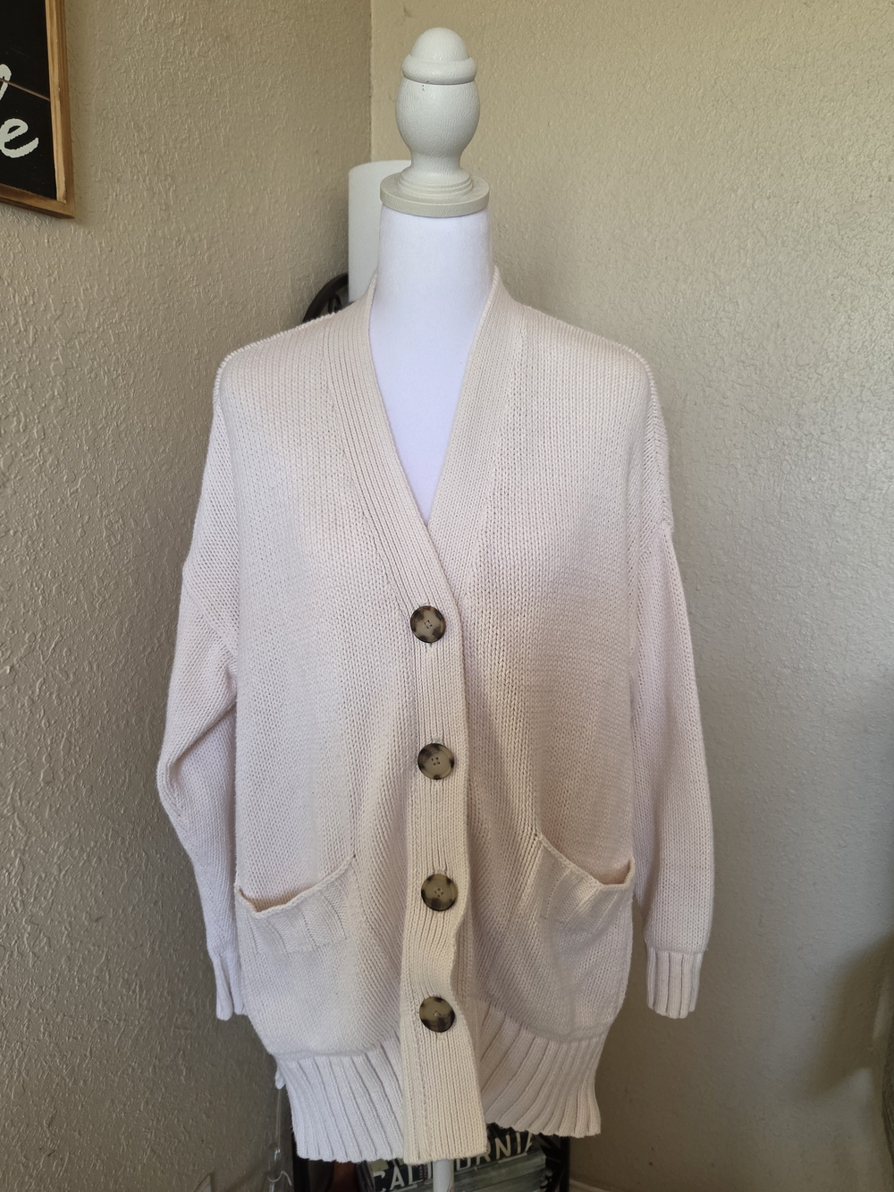 LOFT Cream Button-Front Knit Cardigan